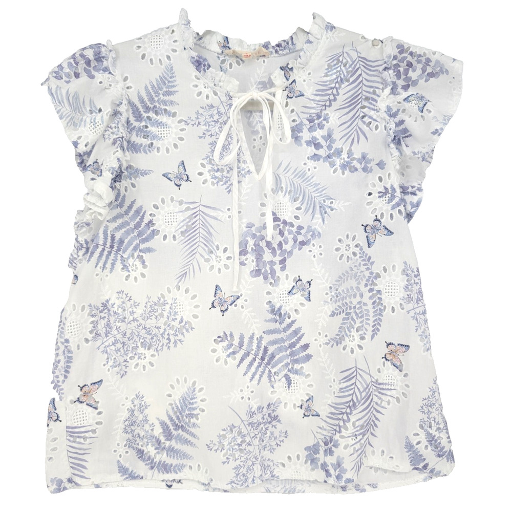White Floral Butterfly Eyelet Ruffle Tie‎ Neck Dainty Cottage Coquette Top Small